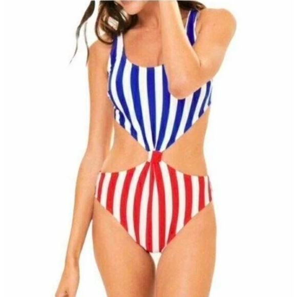 Abercrombie & Fitch Women's Red Blue Striped Cheekini One-piece Swimsuit Size XL - Picture 1 of 7